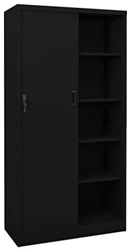 Armoire de bureau avec porte coulissante en acier noir 90 x 40 x 180 cm : armoire de classement durable avec porte coulissante pour organiser le bureau avec étagères réglables et armoire en acier avec