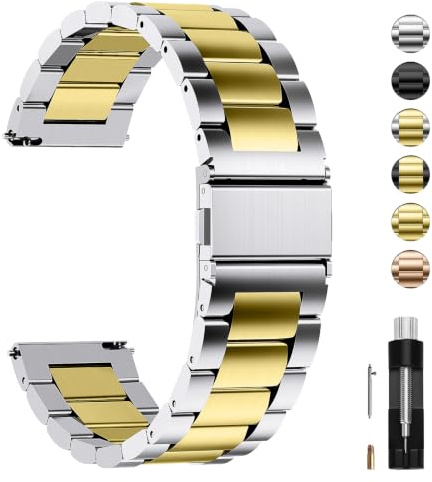 Fullmosa Uhrenarmband 20mm Edelstahl für Traditonale Uhren und Smartwatchs | Silber+Golden Metallarmband mit Schnellverschluss für Damen Herren Wechsel Ersatzband，20mm