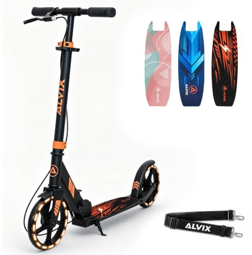ALVIX Barnskoter med handbroms och LED-lysande cyklar, höjdjusterbara barnvagnar från 6 år, 200 mm hjul, vikbar sparkcykel med bärrem, brett däck, upp till 100 kg
