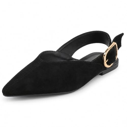 MISSCAI Chaussures Slingback Femme Pointues Faux Suède Talon Plat 2 cm | Ballerines pointues à bride arrière, boucle réglable, semelle PU, style élégant pour bureau et cérémonie