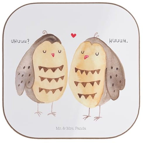Mr. & Mrs. Panda Getränkeuntersetzer Eulen Liebe - Geschenk, Liebesgeschenk, Pärchen, Freundin Geschenk, Glasuntersetzer, Untersetzer Holz, verliebt,