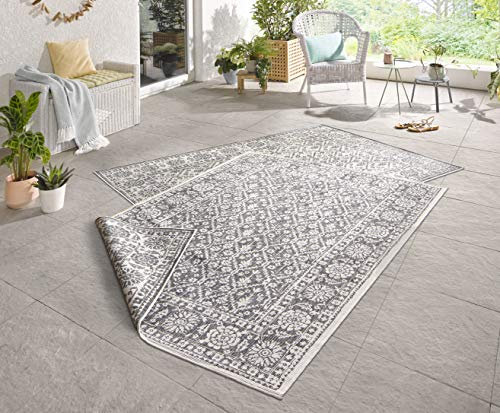 NORTHRUGS In- und Outdoor Teppich Curacao 200x290cm - Wendeteppich Wetterfest Modernes Grafisches Muster für Balkon Terrasse Garten Wintergarten Küche Wohnzimmerteppich Wasserfest in Grau Creme