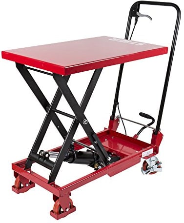 STIER Scheren-Hubtischwagen mit klappbarem Bügel, Fahrbarer Hubtisch mit 150 kg Traglast, Plattform 700x450mm, Hubbereich 220mm-720mm, hydraulisch, Polyurethan-Bereifung