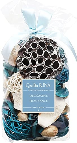 Qingbei Rina Ocean Scent Summer Potpourri Bag Decorative Perfume Sachet, Rattan Balls Lotus Pods Pine Cones Dried Flowers and Plants, 9.9 Ounce Turquoise Blue