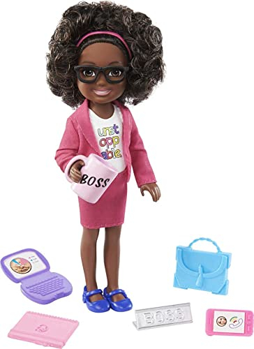Barbie GTN93 Chelsea Can Be Playset with Brunette Chelsea Boss Doll (6-Inch/15.24-cm), Briefcase, Computer, Cell Phone, Planner, Mug, Desk Plate, Great Gift for Ages 3 Years Old & Up , Multicolor