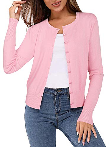 Newshows Women's Solid Button Down Long Sleeve Classic Crew Neck Knit Cardigan Sweater(Pink,Medium)