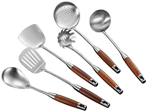 LFJY Rosewood Spatula 304 Acero Inoxidable Utensilios de Cocina Set Cuchara Pesca Colador Cocina Cocina Utensilios Freír Espátula,Brown