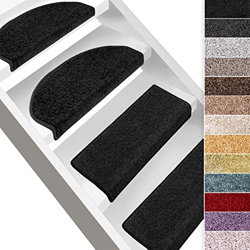 Floordirekt Hochflor-Stufenmatten Bali | Halbrund oder Eckig | Treppenmatten in 11 Farben | Strapazierfähig & pflegeleicht | Stufenteppich für Innen (Schwarz, Eckig 65 x 23,5 cm)