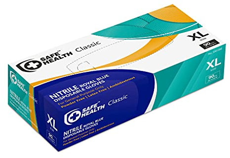 Safe Health Nitrile Disposable Gloves Extra Large Latex Free, Powder Free, Textured 3.5 mil Industrial, Food Safe, Janitorial, Tattoo, Law Enforcement, Pet Care, Service, Cleaning XL Blue (Box of 90)