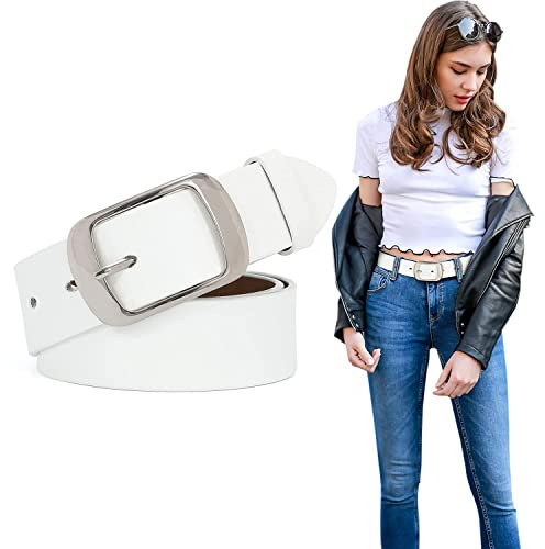 SUOSDEY Fashion Womens Leather Belts for Jeans Pants with Metal Pin Buckle Ladies Retro Vintage Leather Waist Belt white