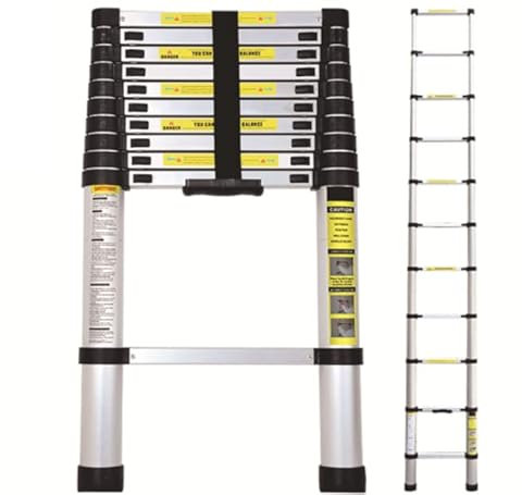 NAIMP 3.2M Telescopic Aluminium Ladder, 10.5Ft Multi-Purpose Folding Extendable Ladder - 11 Steps, 150kg/330lb Load Capacity