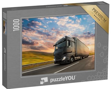 puzzleYOU: Puzzle 1000 Teile „Schwarzer LKW mit Container auf der Autobahn vor dem Sonnenuntergang“ – aus der Puzzle-Kollektion Trucks & LKW