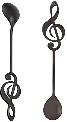 eKsdf 2 Stück Musiklöffel Kleine Löffel Set, Kaffeelöffel Teelöffel Edelstahl Rührlöffel Dessert Tee Löffel Geschenk für Freunde, Musikfans, Musiker, Länge 15.5cm, Breite 2.5cm (Schwarz)