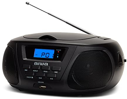 Aiwa BBTU-300BKMKII Lecteur CD Portable, Radio CD (Radio FM, Technologie Hyperbass, entrée Audio, Bluetooth, USB, Couleur : Noir