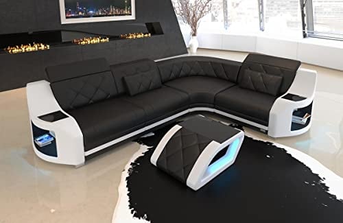 Ecksofa Genua Ledersofa L Form Sofa - mit LED Beleuchtung, verstellbare Kopfstützen/Lederfarben wählbar/Ausrichtung wählbar (Ecke rechts, Schwarz-Weiß)
