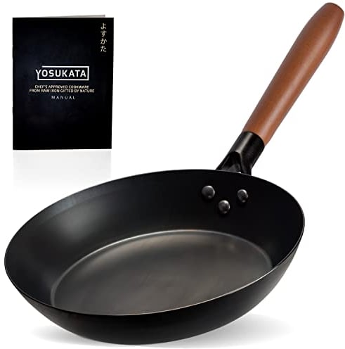 YOSUKATA Carbonstahl Pfanne - Robuste 26-cm-Bratpfanne - Beschichtungsfreie Karbonstahlpfanne - Kohlenstoffstahl-Pfannen mit Abnehmbaren Griff - Hitzebeständigem Holzgriff - Pfanne alle Herdarten