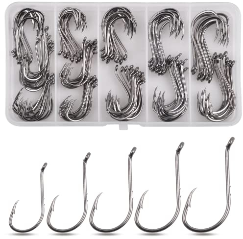 Oktopus Angelhaken Kit, 130Stk Köderhaken mit Widerhaken aus Kohlenstoffstahl, Oktopus Kreishaken, versetzte Jig Angelhaken für Süßwasser-Salzwasser, sortierte Größe 1/0-5/0