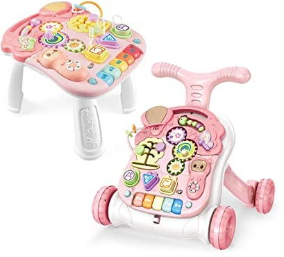Trotteur 3 en 1 assis à debout pour enfants avec gain de poids, table musicale, téléphone, volant, jouet éducatif multifonctionnel pour les tout-petits, garçons et filles (rose 01)