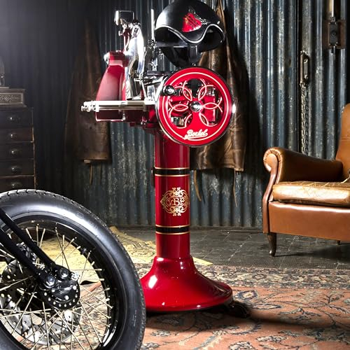 Berkel Aufschnittmaschine – Volano P15 rot – Wunderschöne Schwungradmaschine mit Standfuß + 100% handgefertigtem Schneidebrett Unikat
