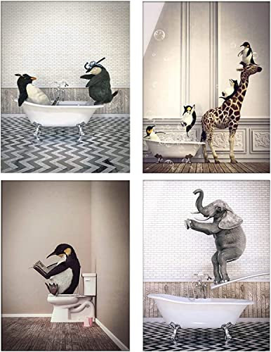 Pack of 4 Bathroom Pictures, Giraffe in the Bathtub Poster, Brown Wall Art, Funny Animal Picture, Giraffe, Elephant, Zebra, Penguins, Bathtub, Canvas Painting, Home Decor, Without Frame (20 x 30 cm