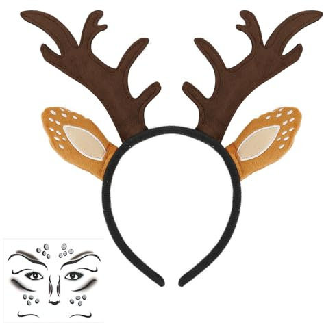 Sprinlot Rentier Haarreif Damen: Reh Geweih Ohren Haarreif mit Rentier Gesicht Tattoo Aufkleber, Reh Kostüm Accessoires Haarschmuck für Weihnachten Karneval Cosplay, Ertong, C12