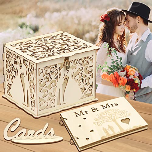 LOHAME 3tlg. Hochzeit Gästebuch und Hochzeitskartenbox Mr Mrs Hochzeitsgästebuch aus Holz mit Kartenschild Hochzeitstag Geschenkbox Mr&Mrs Hochzeitsbuch für Hochzeitsfeier Jahrestag Geschenk