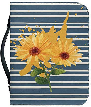 Kuiaobaty Bibeltasche mit Reißverschluss, Aquarell-Sonnenblumen-Motiv, mit Griff, blaue Streifen, Notebook-Tasche mit Reißverschluss, Kunstleder