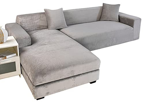GUYIRT Strecken Sofabezug L Form Samt, L Form Sofa überzug 2 Stück Couchbezug L Form Weicher Möbelschutz Mit Elastischem Boden Für Hunde Und Katzen -hellgrau-3+2 Sitzer