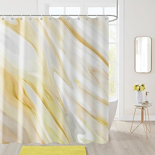 GCIREC Gelber Marmor Stall Duschvorhang, Gelb Mix Weiß Ombre Modern Abstrakt Wave Luxus Bad Vorhang Badewanne Home Decor Wasserdichtes Gewebe Maschine waschbar mit 12 PCS Haken,180x200cm