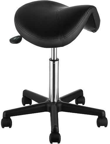 EVOR Sattelhocker mit Rädern, 181 kg Gewichtskapazität, ergonomischer Rollsattelhocker, Höhenverstellbar, Verdicktes PU-Leder, Drehsattelhocker, Stuhl für Salon, Spa, Tattoo, Klinik, Schwarz