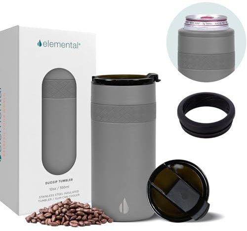 Elemental Duo-Sip 2 in 1 12oz Coffee Tumbler - Leak Proof Tumbler with Flip Lid for Slim Can Cooler - Triple Wall Insulated Tumblers for Hard Seltzer, Hot & Cold Beverages - Graphite