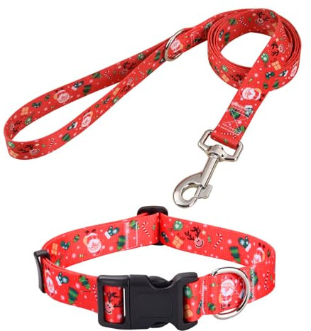 Mihqy Weihnachtliches Hundehalsband und Leine, Set – hochwertiges verstellbares Hundehalsband für kleine, mittelgroße und große Hunde (Weihnachtsset,L)
