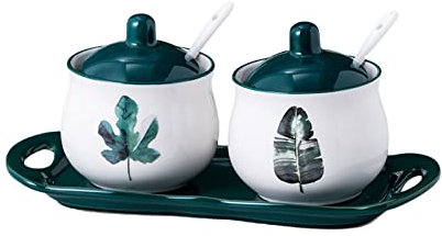 Dispensador azucarero,bote condimento, Azucarero nórdico con tapa, tarro de almacenamiento con patrón de plantas verdes, tarro de especias de porcelana de 200 ml/7 oz, salero, for cafetería, restauran