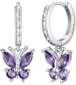 Silvercute Womens Earrings Sterling Silver Butterfly Dangle Earing Amethyst Birthstone February Jewellery Hoop Earrings for Teen Girls