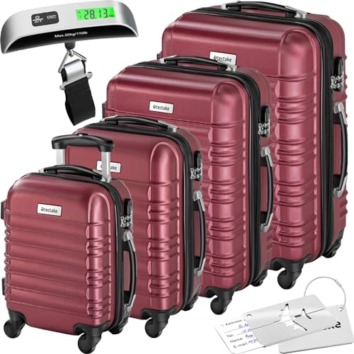 TecTake® Hard Shell Suitcase Set, Lightweight Suitcases with TSA Lock, Including Extra Large Suitcase, Large, Medium and Small, 360 Degree Wheels, Telescopic Handle and Luggage Scale - Wine red