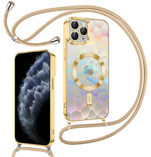 Kokio Magnetische Glitzer Handykette für iPhone 11 Pro Max Hülle mit Band [Kompatibel mit MagSafe] Kameraschutz Handyhülle für Frauen Mädchen Silikon Stoßfeste Schutzhülle für iPhone 11 Pro Max Gold