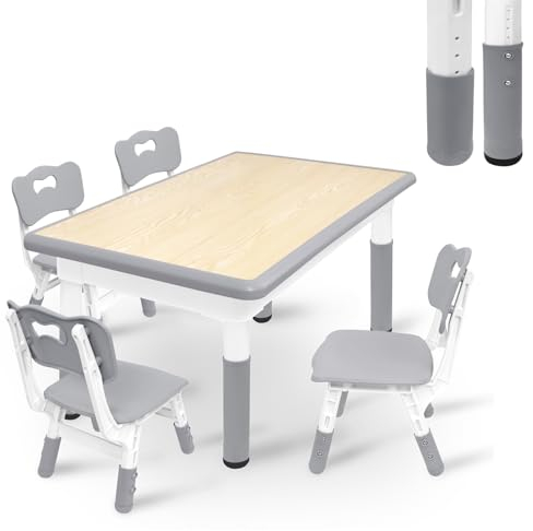 ACXIN Kindertisch mit 4 Stühlen Set, Kunststoff Kinder Tischset Höhenverstellbar Kindertischgruppe Kindermöbel Tisch Stuhl Set für Kinderzimmer, Kinderkrippe und Klassenzimmer, Grau