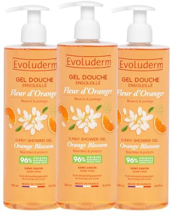 EVOLUDERM – Gel Douche Fleur D’Oranger Ensoleillé - 500 ml - 96% d'Origine Naturelle - Végan - Fabrication Française - Lot de 3 x 500 ml