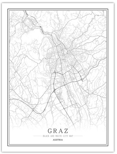 CUNNVN GRAZ 3d Drucken Weiß Stadtplan-Leinwandgemälde 50x60 cm Nordic Wohnzimmer Dekoration Leinwand Poster moderne Heimdekoration Kunstdruck geeignet für Schlafzimmer Wanddekoration