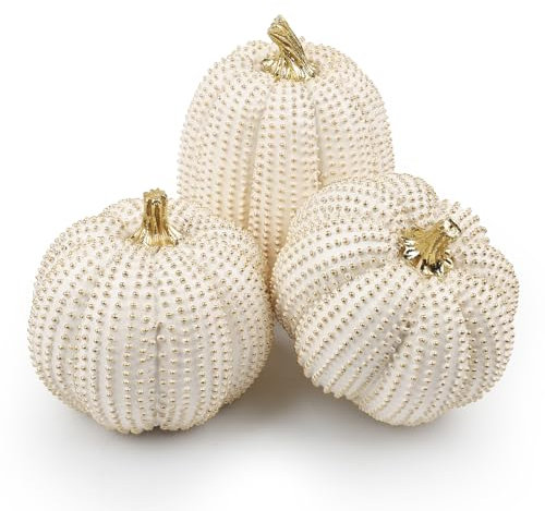 Kürbis-Statuen aus Kunstharz, Herbst-Kürbis-Dekor, Thanksgiving-Dekorationen, weiß und goldfarben, Glitzerkürbisse als Tischdekoration für Bauernhaus, Herbst, Geschenk, Küchenmantel, 3 Stück (White)