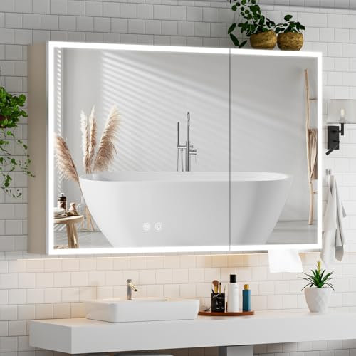 LIANWANG Bathroom Cabinets with Mirror, Wall Mounted Medicine Cabinet with Double Doors, LED Lights, Defogger, 5 Shelves Pre-Assembled Mirror Cabinet for Makeup, Shower