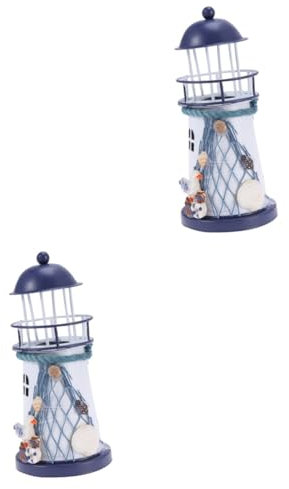 CAXUSD 2stücke Lighthouse Teelichthalter Im Mediterranen Stil Handbemalt Mit Fischernetz Und Muscheln Für Strandpartys Und Kreative Wohnraumgestaltung Kleine Dekoratives Highlight