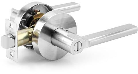 ANNFUZ Round Privacy Keyless Door Handle Lock Without Key,Interior Door Lever Set,Heavy Duty Door Knob Hardware,Reversible for Left or Right Side,Perfert for Indoor Bedroom/Bathroom(Satin Nickel)