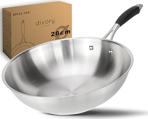 DIVORY Edelstahl Wokpfanne 28 cm PURA I Unbeschichtet, Wok Induktion, für alle Herdarten I Pfanne groß für Induktionskochfeld, Gasbrenner, Gasherd I spülmaschinengeeignet