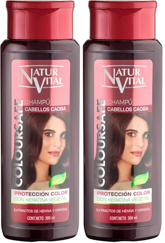 NaturVital - Champú ColourSafe Cabellos Caoba, Sin Parabenos ni Siliconas, Champú Colorante para Pelo Teñido o Natural, con Keratina Vegetal, Aporta Brillo y Protege el Color, 300 ml (Paquete de 2)