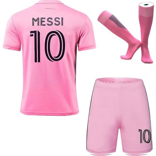 HUSSATEX Miami 2023/2024 Heim Leo #10 Kinder Fußball Trikot & Shorts mit Socken Geschenkset Jugendgrößen (Rosa, 24)
