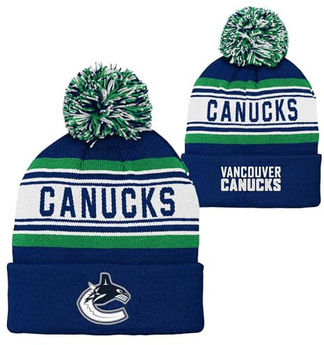 NHL Mütze für Kinder, Jugendliche 8–20, offizielles Primär-Logo, Sport, gestrickt, kaltes Wetter, Bommelmütze mit Bündchen, Vancouver Kanuchen, Einheitsgröße