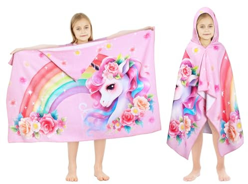 decalsweet Badeponcho Kinder 100% Baumwolle Kapuzen-Babybadetuch, Groß Weich und Saugfähig Kinderhandtuch, Badetücher Handtuch Kapuze Strandtücher für Jungen und Mädchen, 76x 127 cm (Rosa Einhorn)