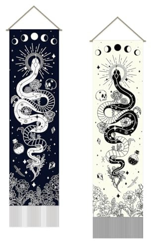 SUPERDANT Schlangen Tarot Wandteppich Floraler Mond Wand Teppich Wall Tapestry Mond Sonne Wanddecke 2 Stück Wandtuch Langer Wandteppich Wandbehang Mit Quastendesign Für Wohnzimmer Schlafzimmer Dekor