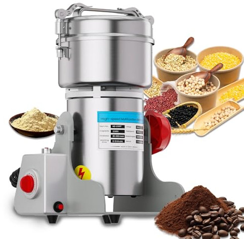 Mingfuxin Electric Grain Grinder Spice Grain Mill Stainless Steel 30s 28000RPM High Speedy Grinding with Overload Protection& 5min Timer Mill for Dry Spice Herbs/Nut/Coffee/Rice Crusher